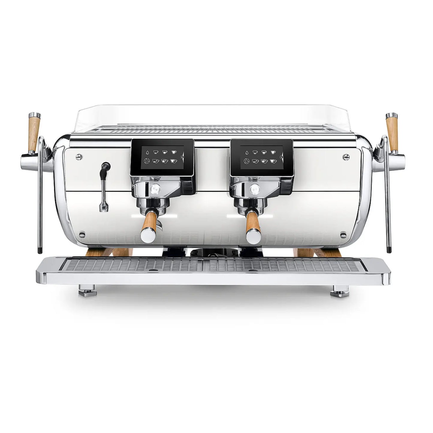 Astoria Storm 2GR inox – profesjonalny dwugrupowy ekspres kolbowy do kawiarni, stalowy ekspres do espresso z ekranami i drewnianymi rączkami, widok z przodu