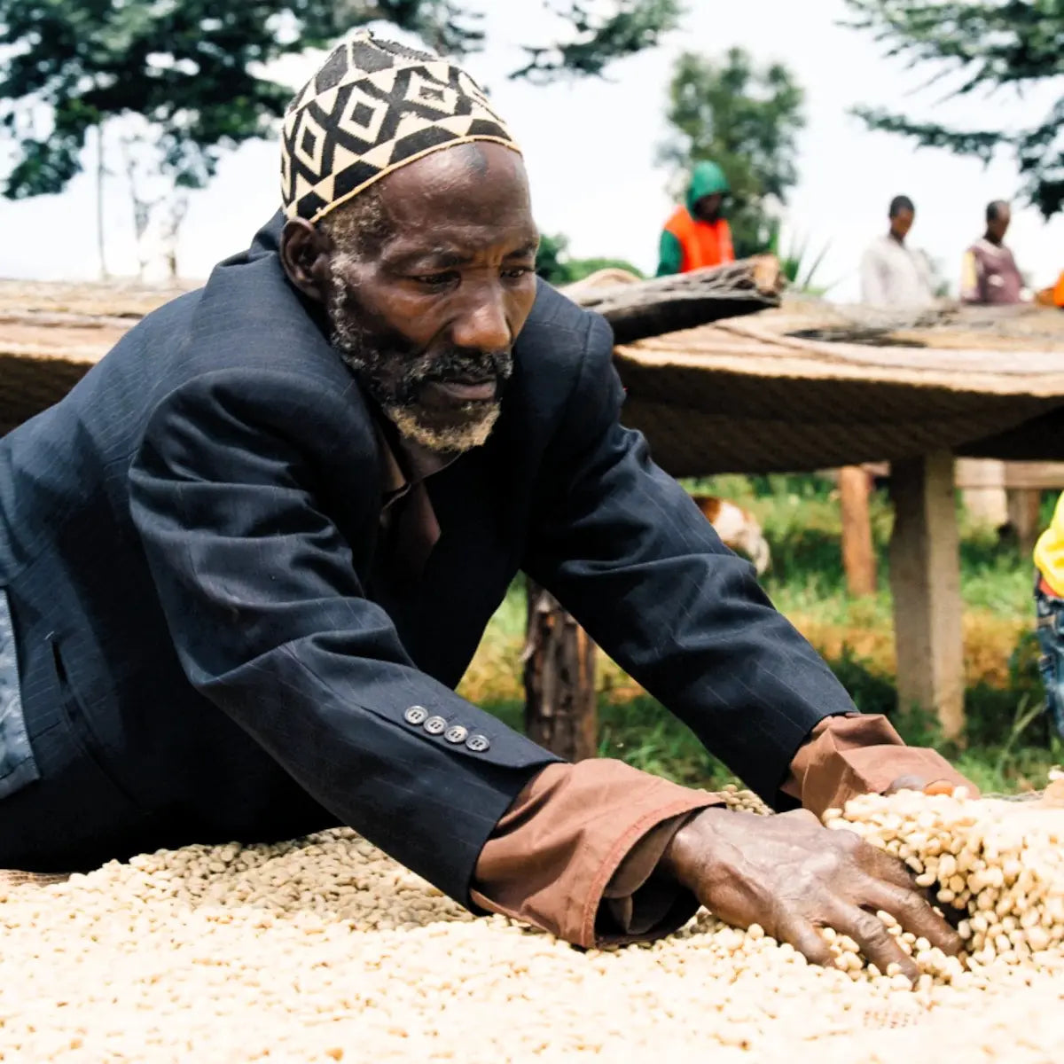 Producent kawy w Burundi ręcznie selekcjonuje i równomiernie rozprowadza ziarna kawy specialty Burundi Burunga na podniesionym stole, dbając o jakość podczas procesu suszenia.