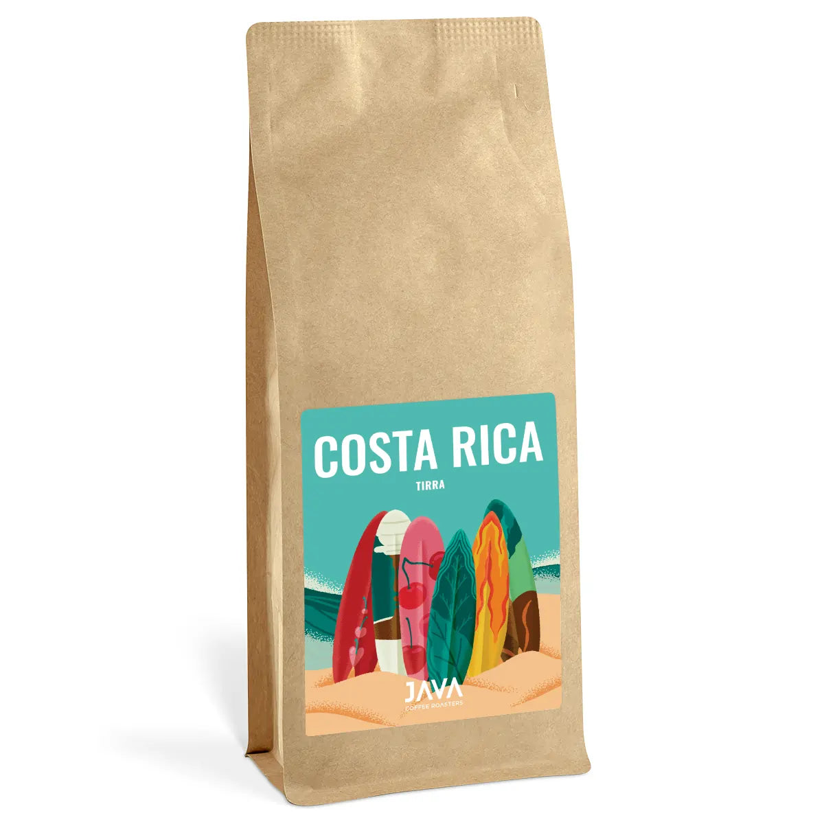 Kawa ziarnista JAVA Costa Rica Tirra 1kg – kraftowe opakowanie z kolorową etykietą w stylu surfingowym.