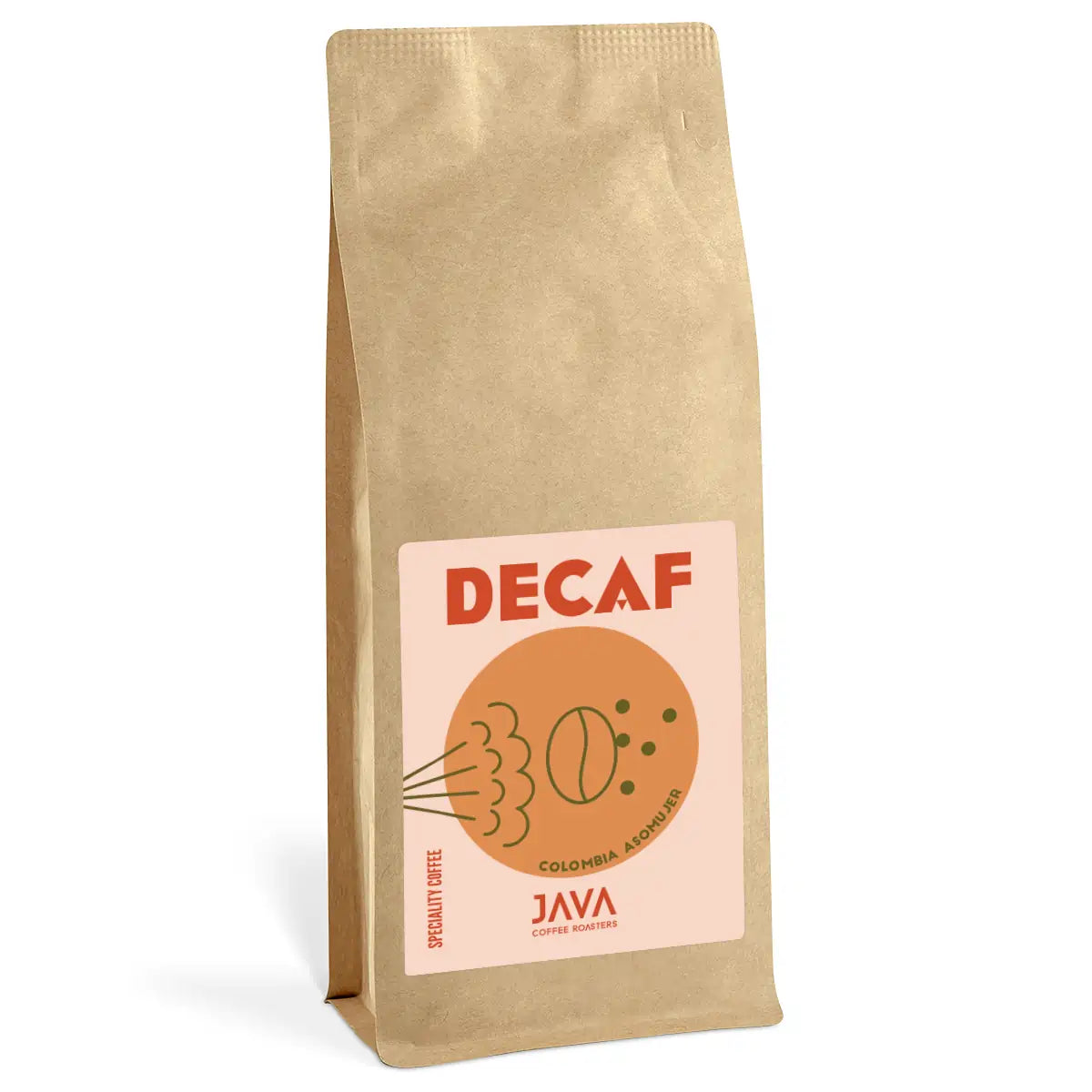 Kawa bezkofeinowa Java Coffee Roasters Decaf Colombia Asomuier 1kg w brązowym opakowaniu na białym tle