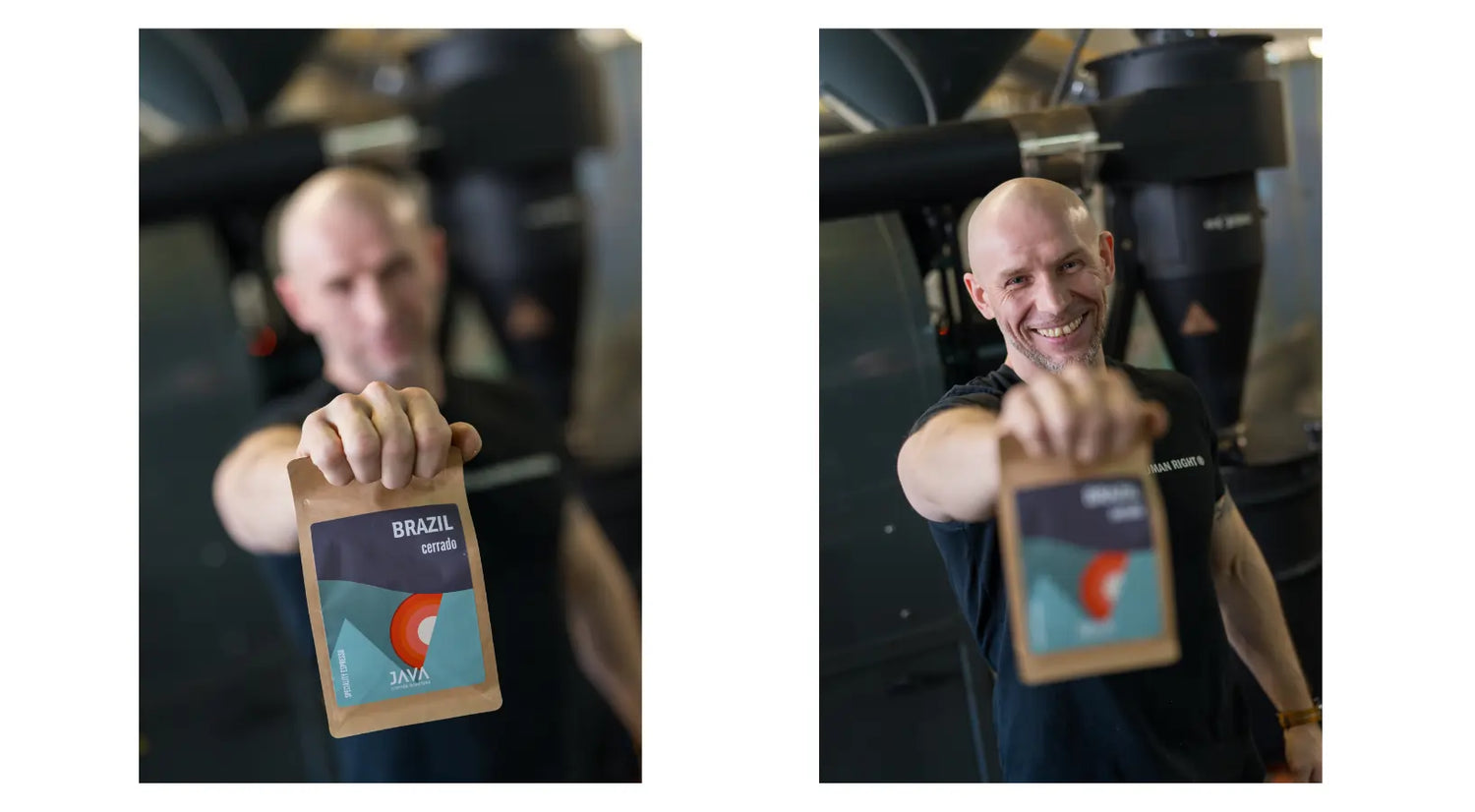 Mężczyzna w palarni kawy prezentuje opakowanie Brazil Cerrado od JAVA Coffee Roasters. Po lewej stronie rozmyte tło, po prawej wyraźne ujęcie z uśmiechem. Świeżo palona kawa specialty z Brazylii, idealna do espresso.