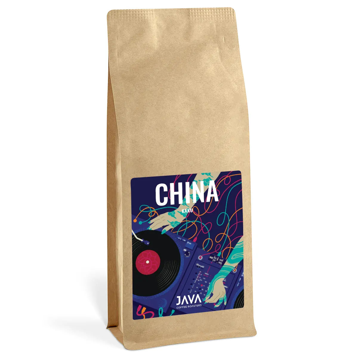 Opakowanie 1 kg kawy ziarnistej JAVA Coffee China Kaku – średnio palona arabika z Chin, z kolorową etykietą przedstawiającą gramofon i DJ-a.