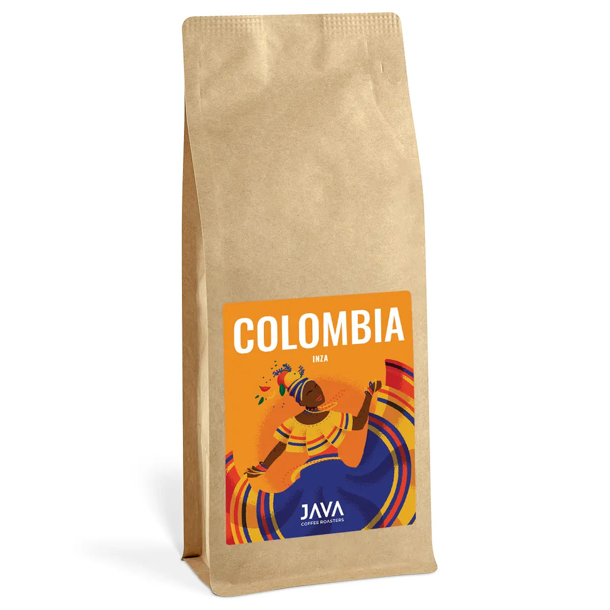 Kawa ziarnista Colombia Inza JAVA Coffee Roasters 1kg – kraftowe opakowanie z kolorową etykietą w odcieniach pomarańczowo-niebieskich, specialty arabica z regionu Inza w Kolumbii