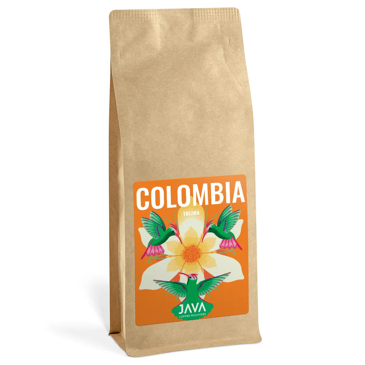 Opakowanie kawy Colombia Tolima JAVA Coffee Roasters 1kg – jasno palone ziarna specialty z Kolumbii, pomarańczowa etykieta z kolibrami i kwiatem wanilii, kraftowa torba