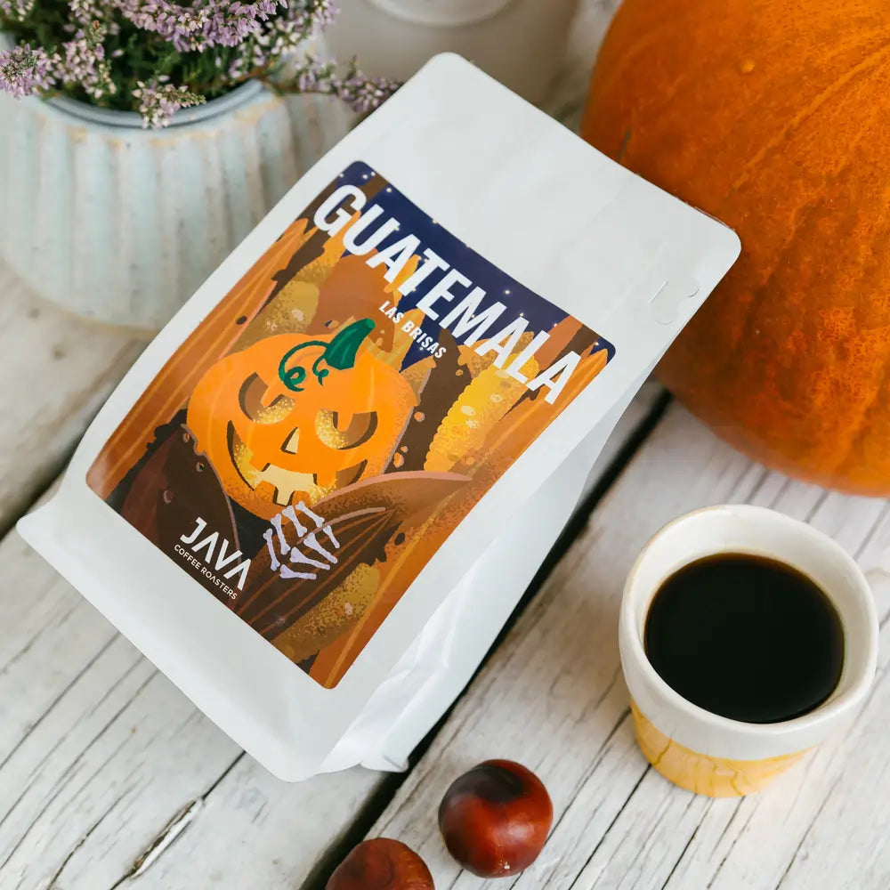 Kawa specialty Guatemala Las Brisas 250g JAVA Coffee Roasters – jesienna aranżacja z dynią, filiżanką kawy i kasztanami