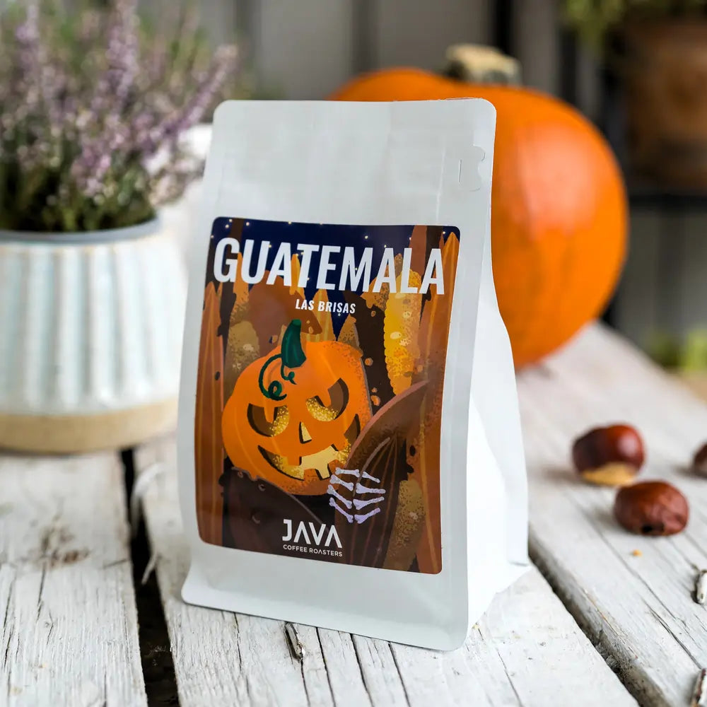 Kawa specialty Guatemala Las Brisas 250g JAVA Coffee Roasters – jesienna aranżacja z dynią i kasztanami