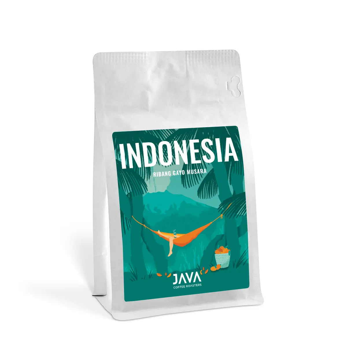Kawa ziarnista Indonesia Ribang Gayo Musara 250g – speciality pod przelew od JAVA Coffee Roasters, opakowanie z ilustracją tropikalnej dżungli i hamaka.