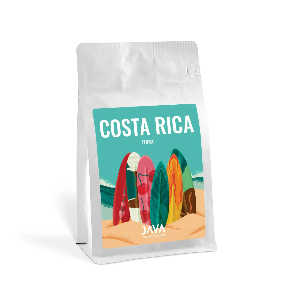 Kawa ziarnista JAVA Costa Rica Tirra 250g – biała torebka z turkusową etykietą i kolorową ilustracją liści oraz surfingu.
