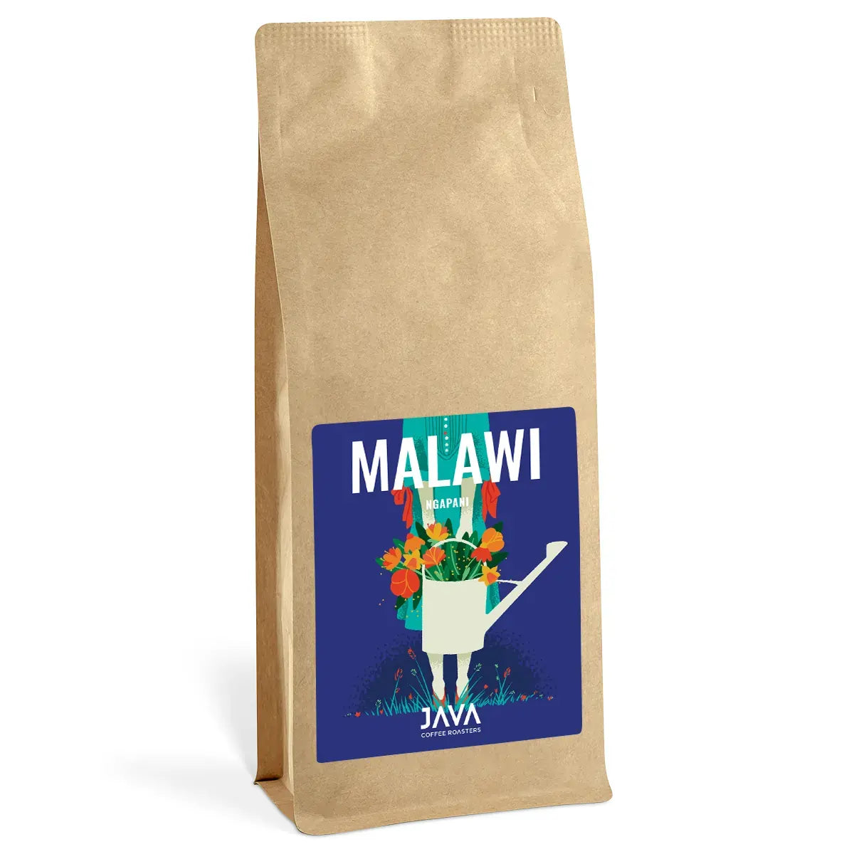 Opakowanie kawy Malawi Ngapani JAVA Coffee o pojemności 1 kg w brązowej torebce z kolorową etykietą przedstawiającą konewkę z kwiatami na niebieskim tle.