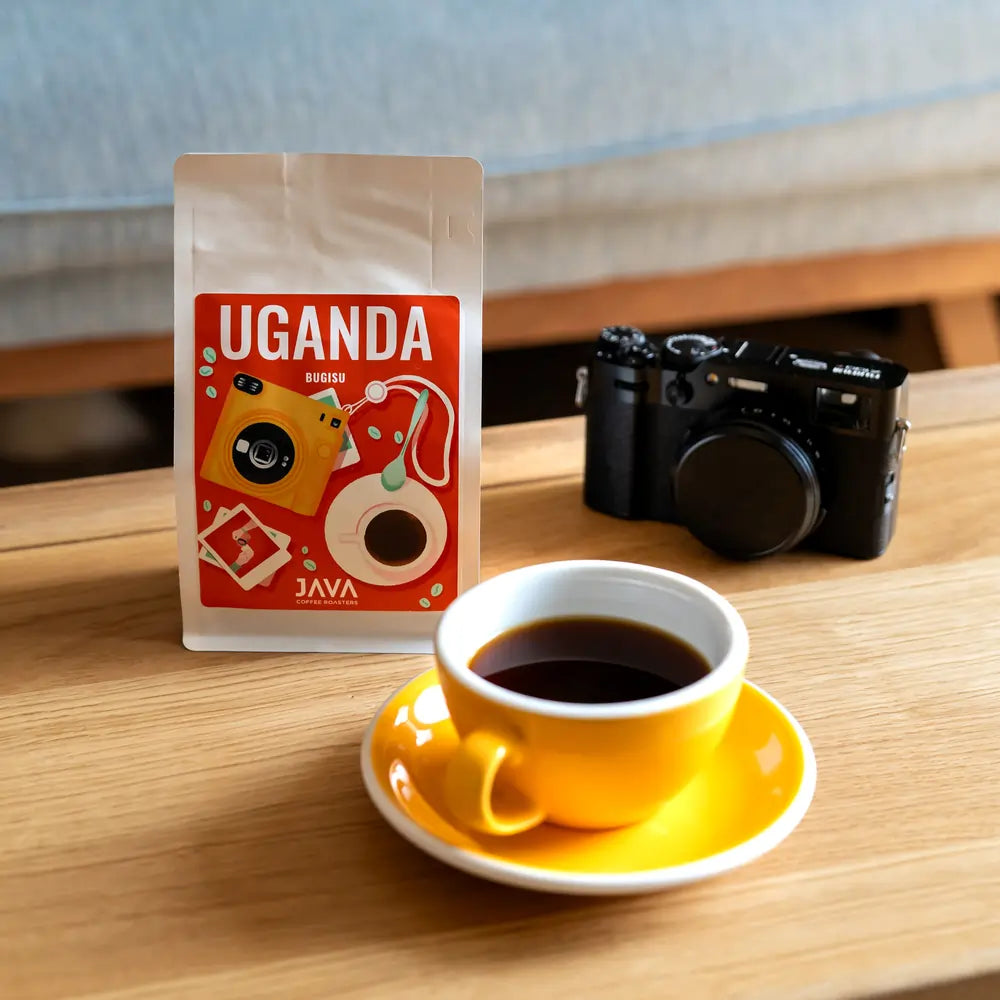 Kawa Uganda Bugisu JAVA Coffee Roasters – opakowanie kawy ziarnistej arabica z filiżanką espresso, idealna do gastronomii i biur