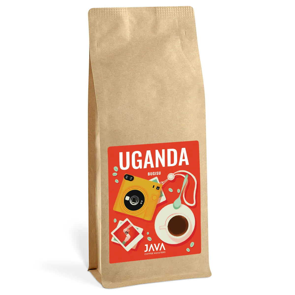 Opakowanie 1 kg kawy ziarnistej JAVA Coffee Uganda Bugisu – jasno palona arabika z nutami brzoskwini, moreli, gruszki i orzecha laskowego.