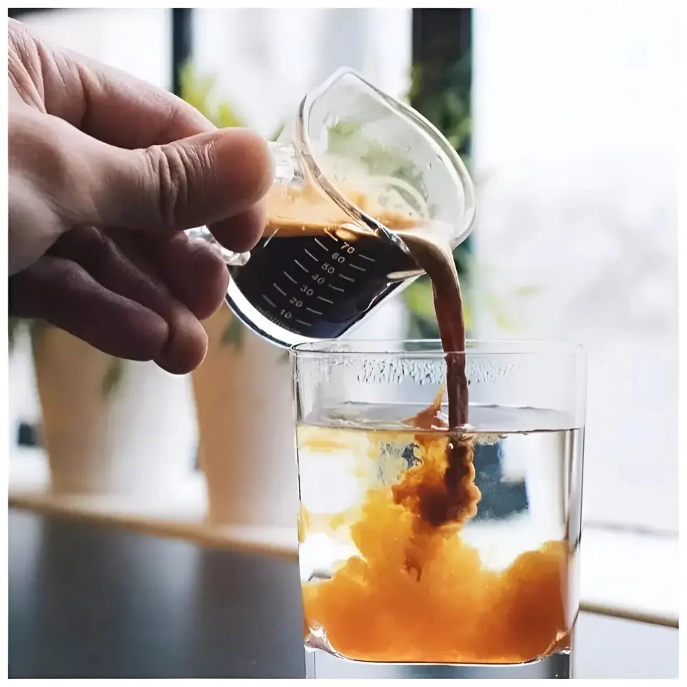 Miarka do espresso Rhinowares Double Shot Glass 70 ml z uchwytem – szklanka z podziałką, idealna do precyzyjnego odmierzania kawy.