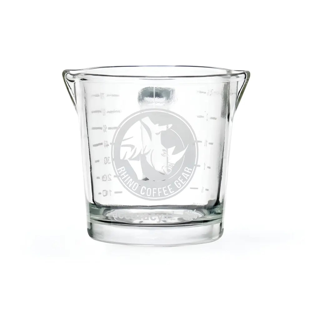 Miarka do espresso Rhinowares Double Shot Glass 70 ml z uchwytem – szklanka z podziałką i podwójnym dzióbkiem, idealna do precyzyjnego odmierzania kawy.
