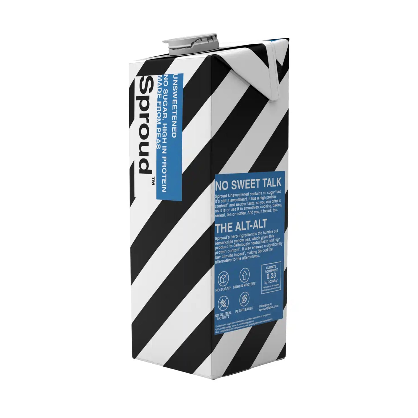 Packshot napoju roślinnego Sproud Unsweetened 1L – wegański napój z grochu, bez cukru, wysokobiałkowy, bezglutenowy i bez orzechów.