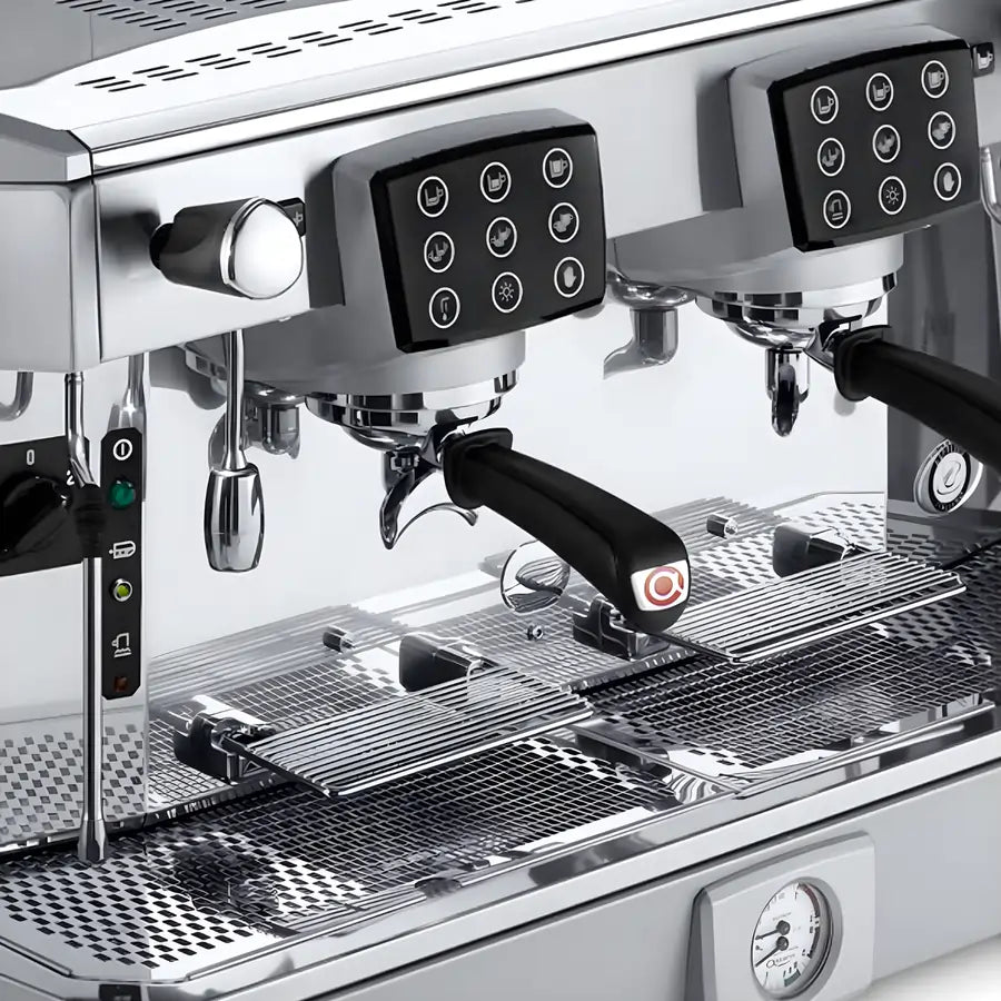 Detal ekspresu Astoria Core 200 SAE/3 – panel sterowania grup i portafilter, profesjonalny ekspres gastronomiczny do kawiarni HoReCa