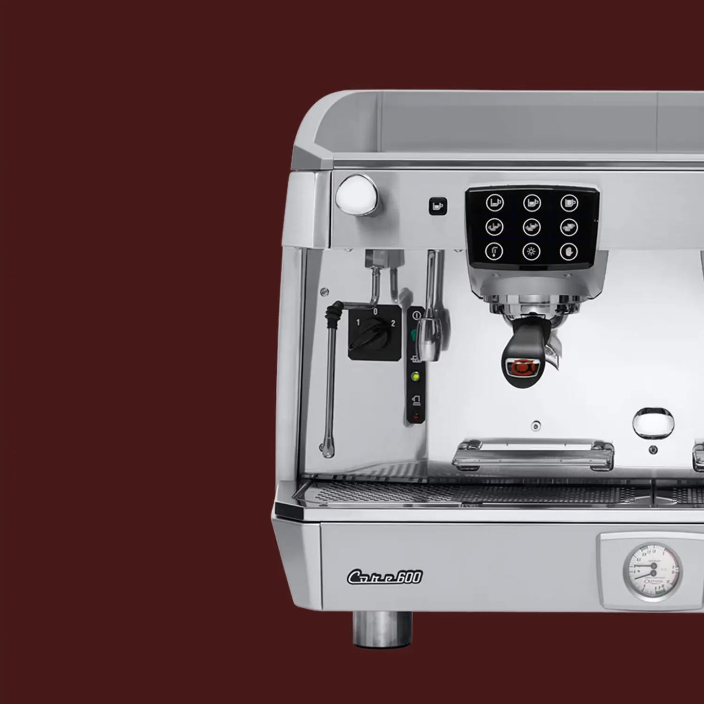 Astoria Core 600 ekspres do kawy – detal panelu sterowania i grupy zaparzającej na czerwonym tle