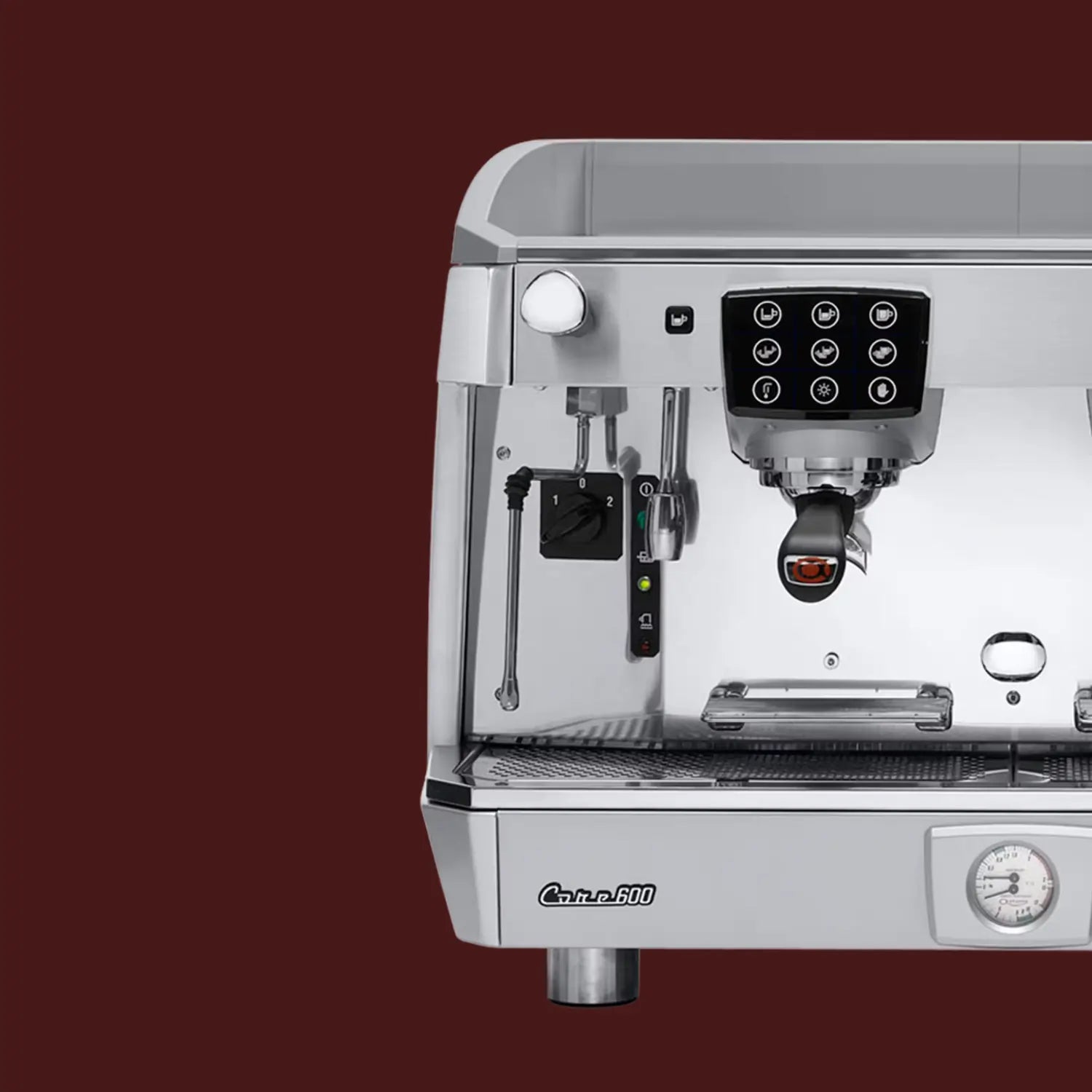Astoria Core 600 ekspres do kawy – detal panelu sterowania i grupy zaparzającej na czerwonym tle