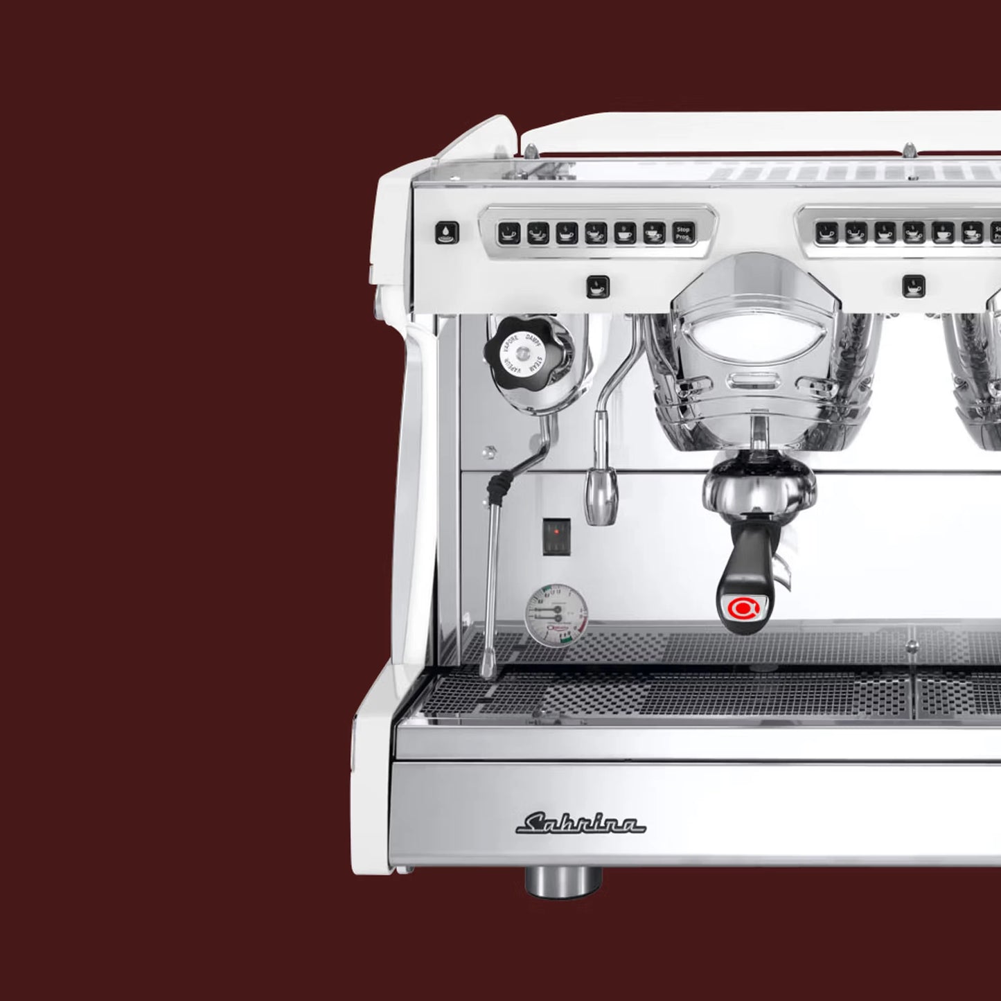 Astoria Sabrina – profesjonalny ekspres kolbowy do kawiarni, detal frontu ekspresu z grupą zaparzającą i manometrem