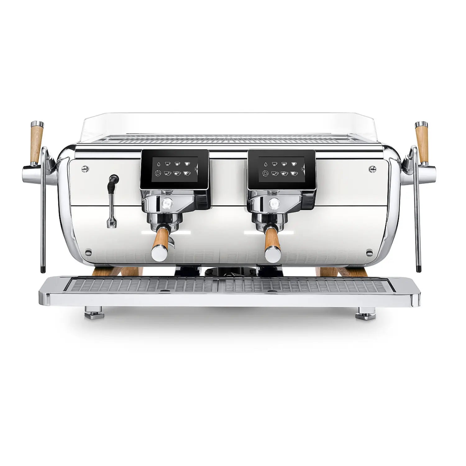 Astoria Storm 2GR inox – profesjonalny dwugrupowy ekspres kolbowy do kawiarni, stalowy ekspres do espresso z ekranami i drewnianymi rączkami, widok z przodu