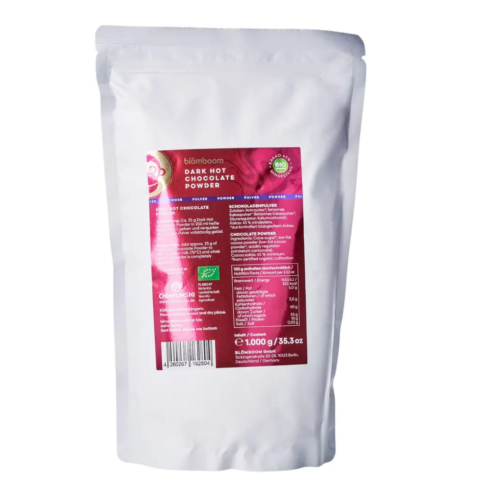 Blömboom Dark Hot Chocolate Powder 1 kg – opakowanie doypack tył, skład i wartości odżywcze, packshot na jasnym tle