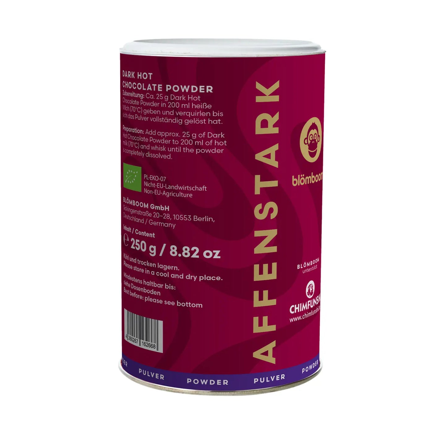 Blömboom Dark Hot Chocolate Powder BIO 250g – tył opakowania organicznego kakao w proszku z instrukcją przygotowania i informacjami producenta