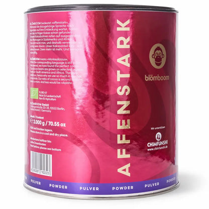 Blomboom Dark Hot Chocolate Powder BIO kakao 45% – tył opakowania z instrukcją przygotowania, składem i wartościami odżywczymi