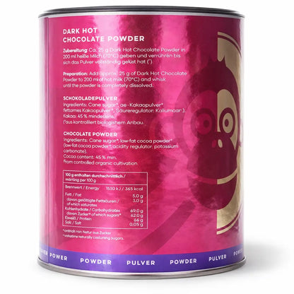 Blomboom Dark Hot Chocolate Powder BIO kakao 45% – tył opakowania z instrukcją przygotowania, składem i wartościami odżywczymi