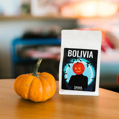 Kawa specialty Bolivia La Paz od JAVA Coffee Roasters – opakowanie kawy z Boliwii obok dyni.