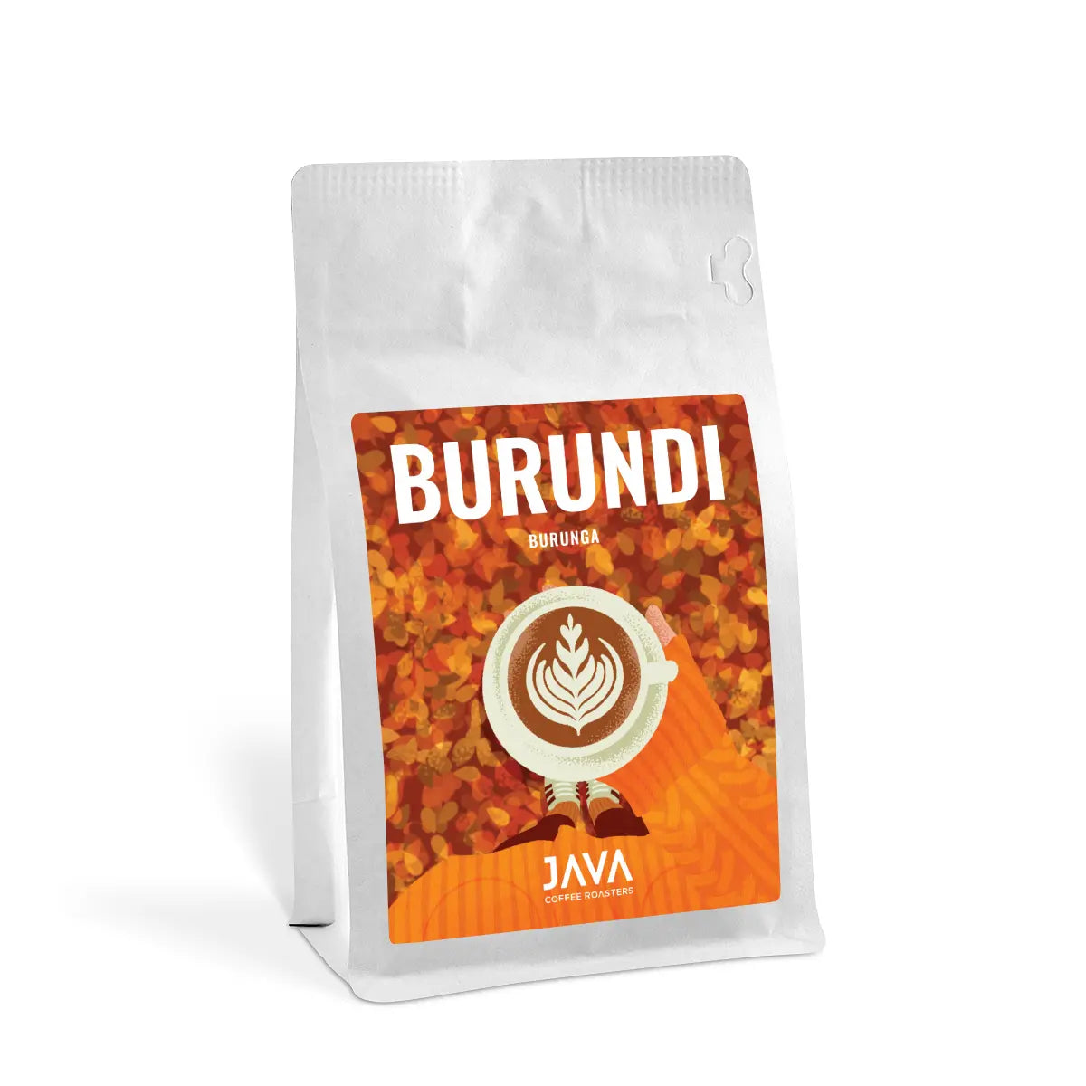 Białe opakowanie 250 g kawy ziarnistej specialty Burundi Burunga od JAVA Coffee Roasters, pochodzącej z Burundi i przeznaczonej do domowego parzenia.