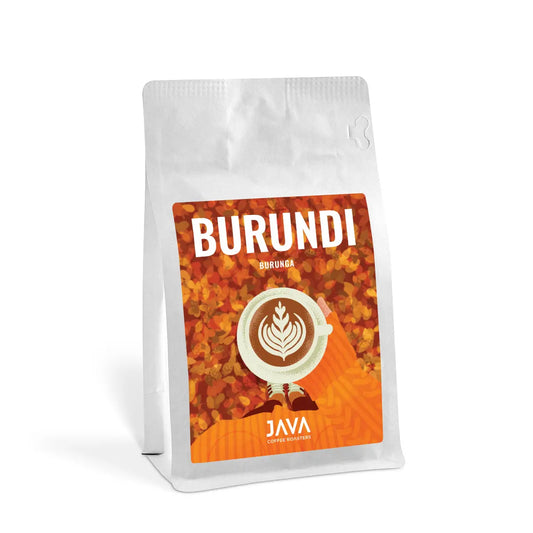 Białe opakowanie 250 g kawy ziarnistej specialty Burundi Burunga od JAVA Coffee Roasters, pochodzącej z Burundi i przeznaczonej do domowego parzenia.