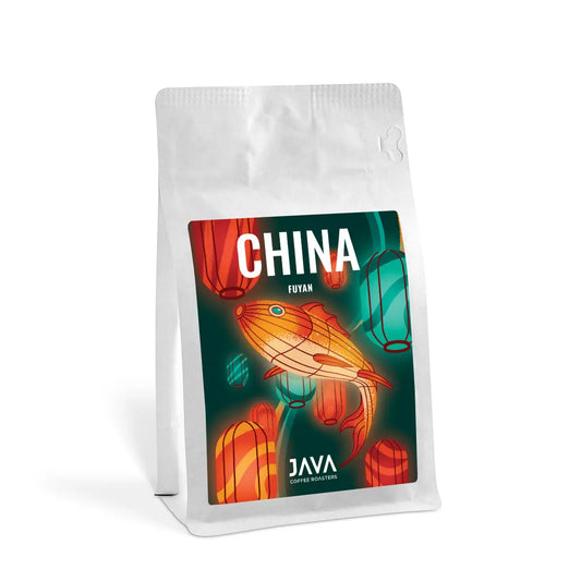 Opakowanie kawy specialty China Fuyan 250 g od JAVA Coffee Roasters – packshot produktu na białym tle z etykietą kolekcji China