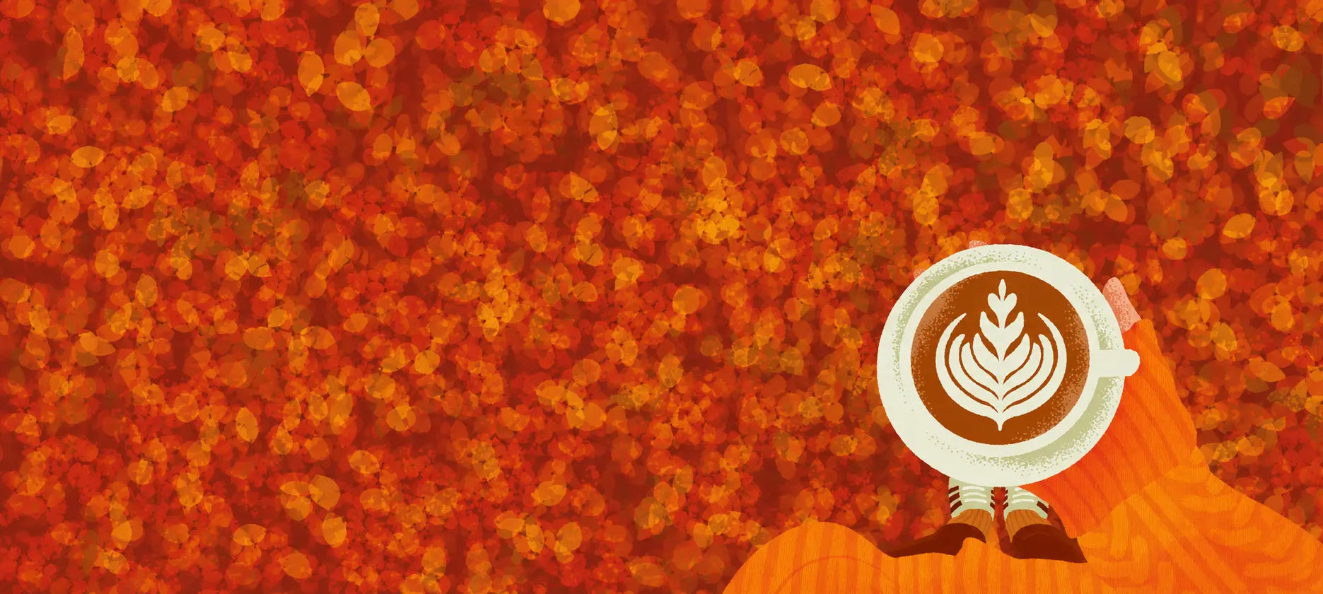 Jesienna ilustracja filiżanki kawy z latte art na tle pomarańczowych i czerwonych liści