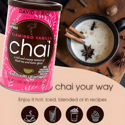 David Rio Flamingo Vanilla Chai – bezkofeinowa herbata chai z wanilią; propozycja podania na gorąco, na zimno, jako frappe lub w deserach