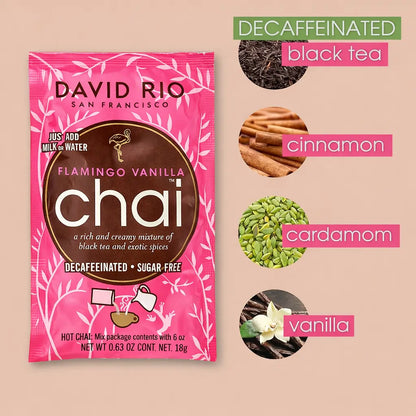 Flamingo Vanilla Chai David Rio – bezkofeinowa i bezcukrowa saszetka chai latte z wanilią, cynamonem, kardamonem i czarną herbatą bezkofeinową