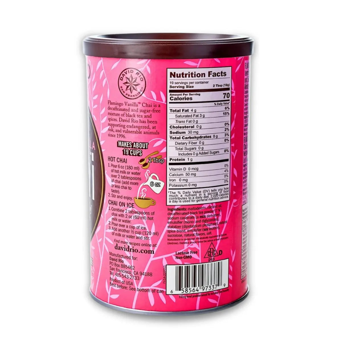 David Rio Flamingo Vanilla Chai – tył opakowania z wartościami odżywczymi, listą składników i instrukcją przygotowania chai