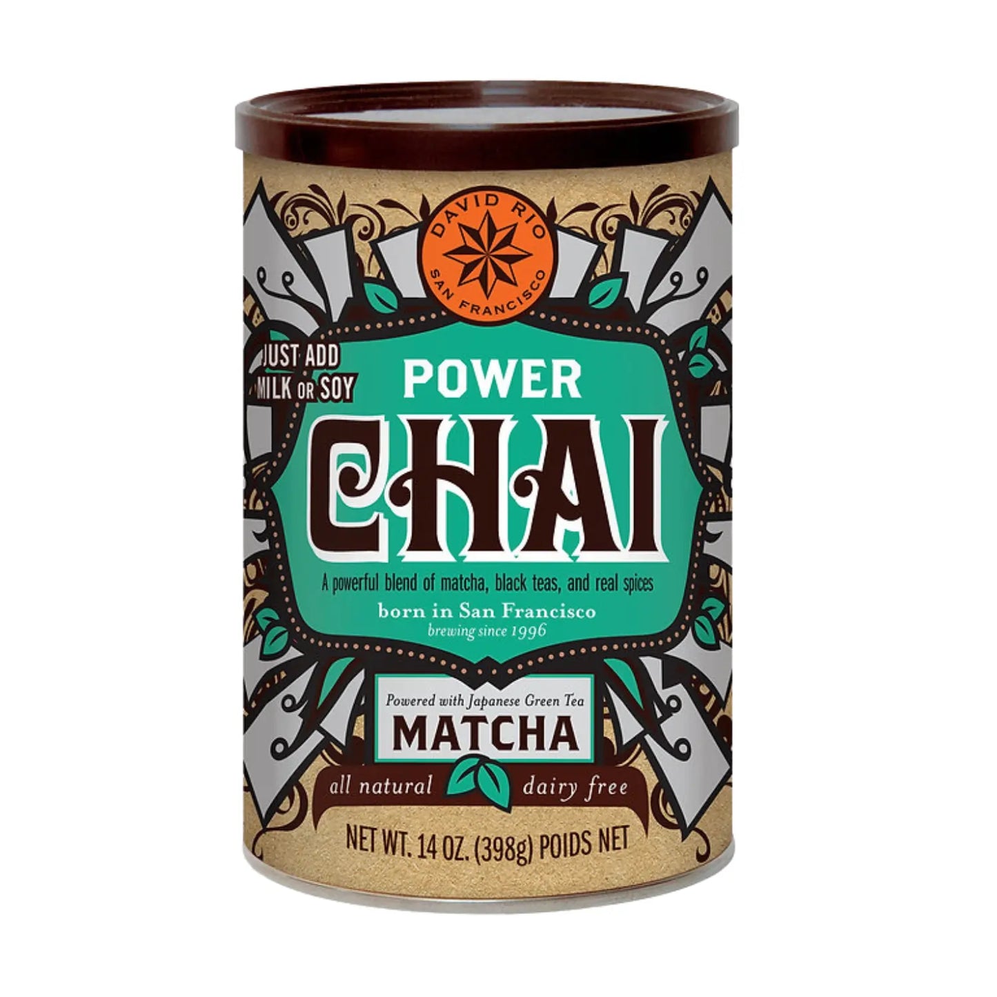 David Rio Power Chai Matcha 398 g – napój chai z japońską matchą, czarną herbatą i przyprawami w ozdobnej puszce