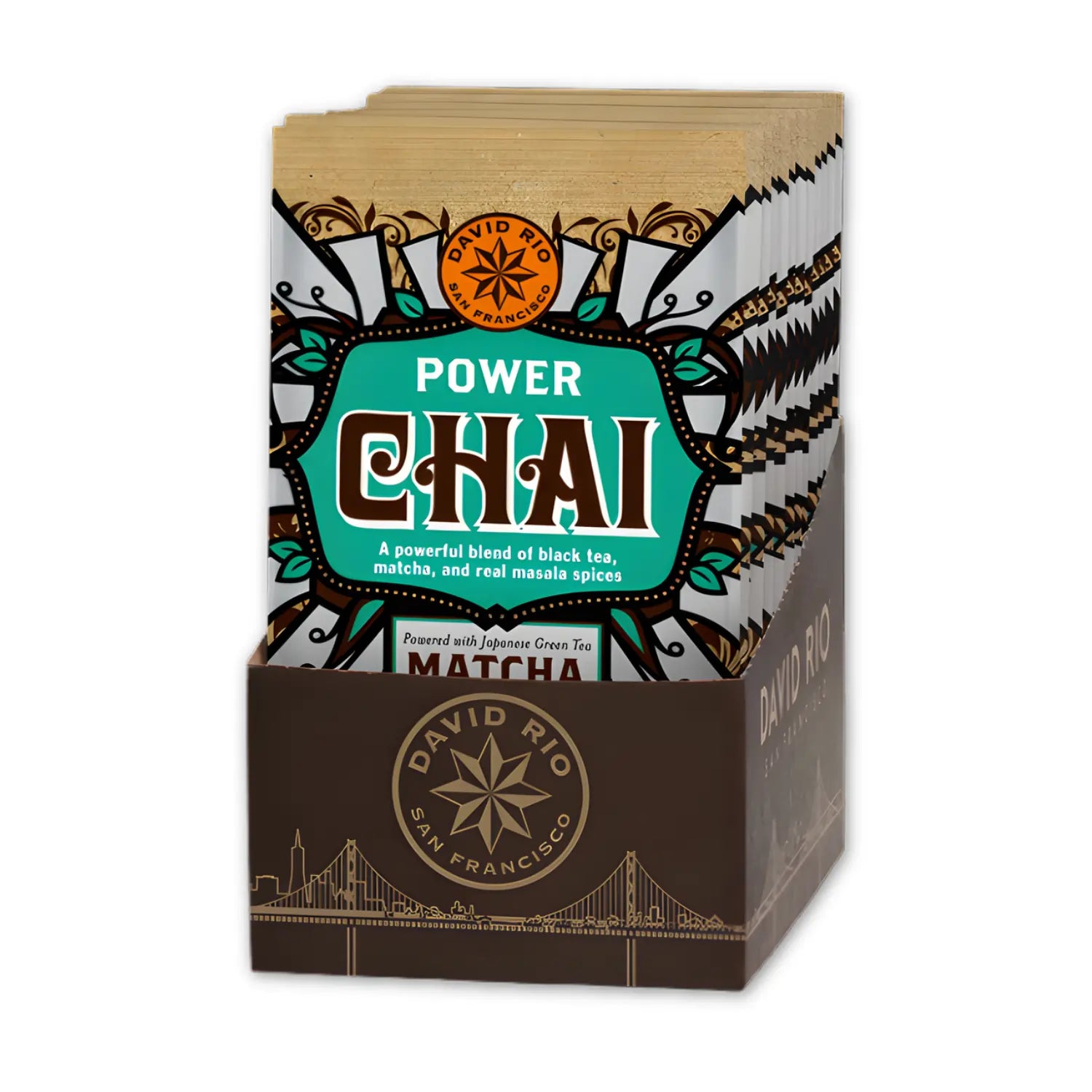 Power Chai Matcha David Rio – saszetki chai z czarną herbatą i matchą w ekspozytorze, aromatyczna mieszanka przypraw