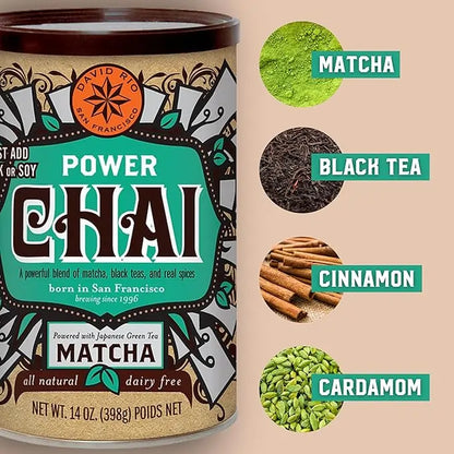 David Rio Power Chai Matcha 398 g – puszka chai oraz składniki: matcha, czarna herbata, cynamon i kardamon w ujęciu lifestyle