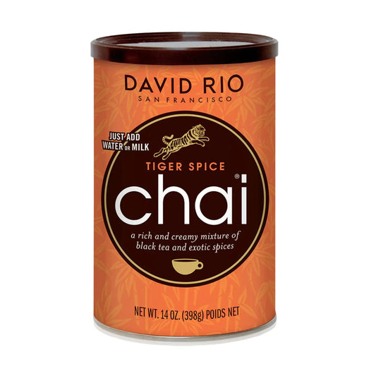 Chai Tiger Spice David Rio 398 g – opakowanie produktu, klasyczna mieszanka chai z czarnej herbaty i przypraw korzennych