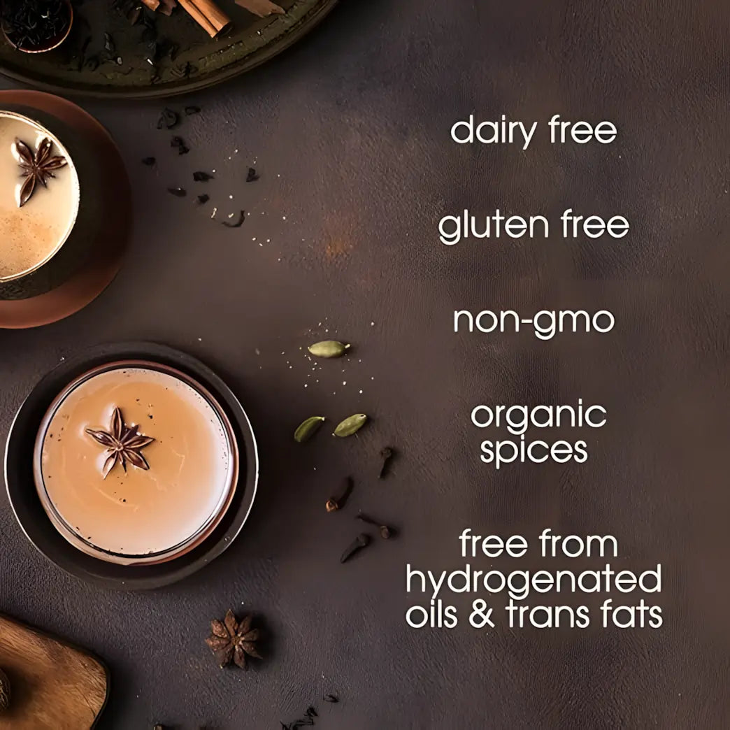 David Rio Tiger Spice Chai Decaffeinated – grafika z cechami produktu: bez nabiału, bez glutenu, non-GMO, organiczne przyprawy, bez tłuszczów utwardzonych i trans