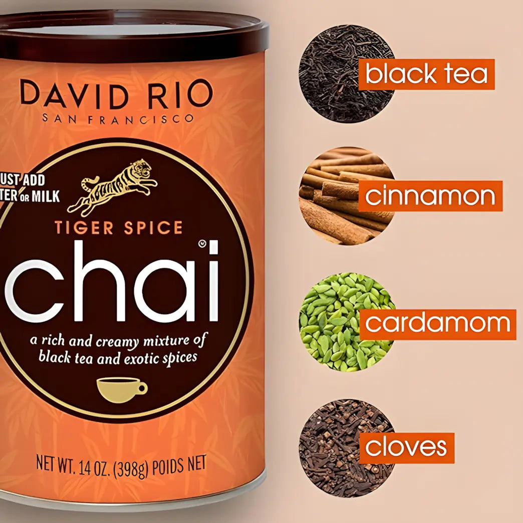 Chai Tiger Spice Decaf David Rio 398 g – opakowanie produktu oraz składniki: czarna herbata bezkofeinowa, cynamon, kardamon i goździki