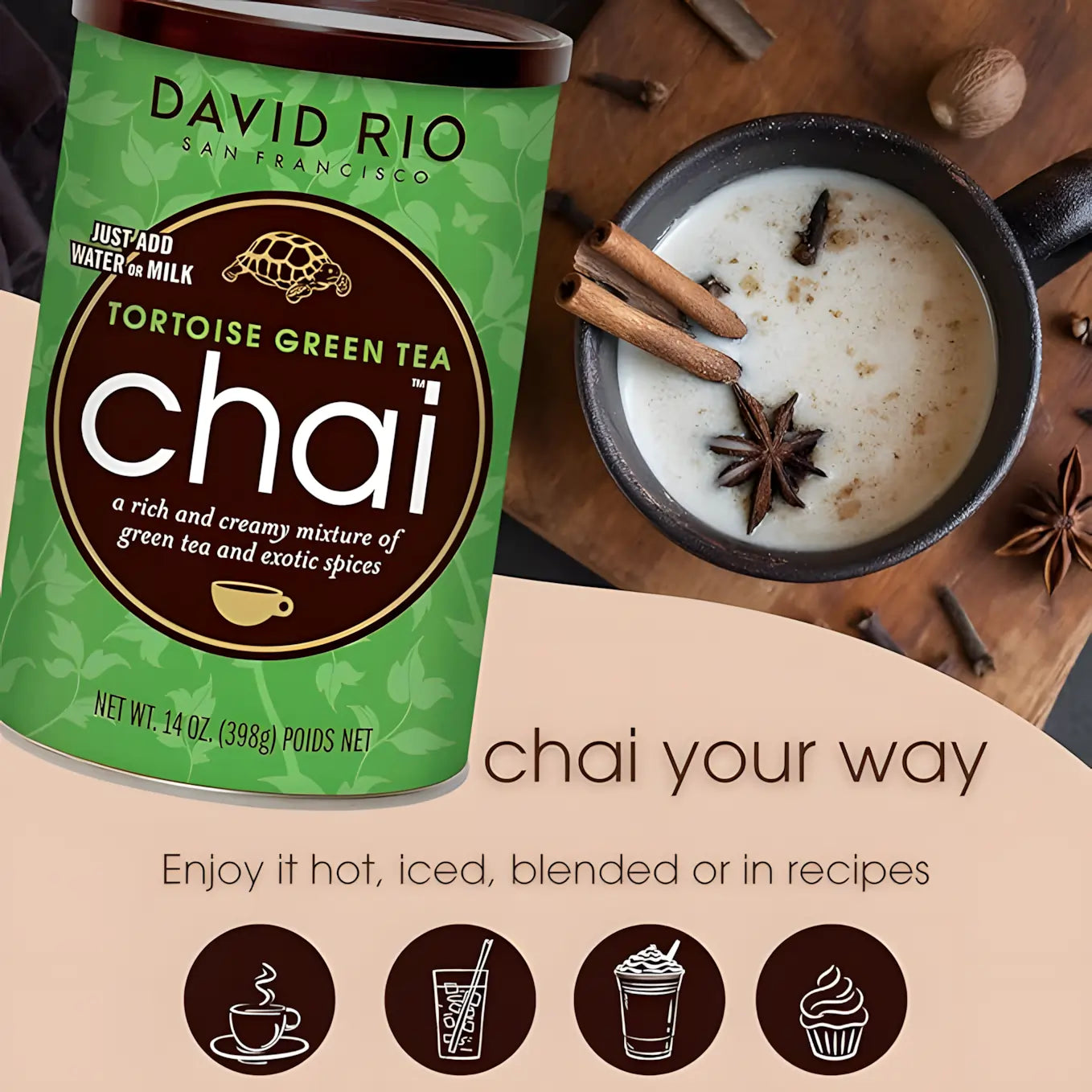 David Rio Tortoise Green Tea Chai 398 g – napój chai z zieloną herbatą, do przygotowania na gorąco, na zimno lub w deserach