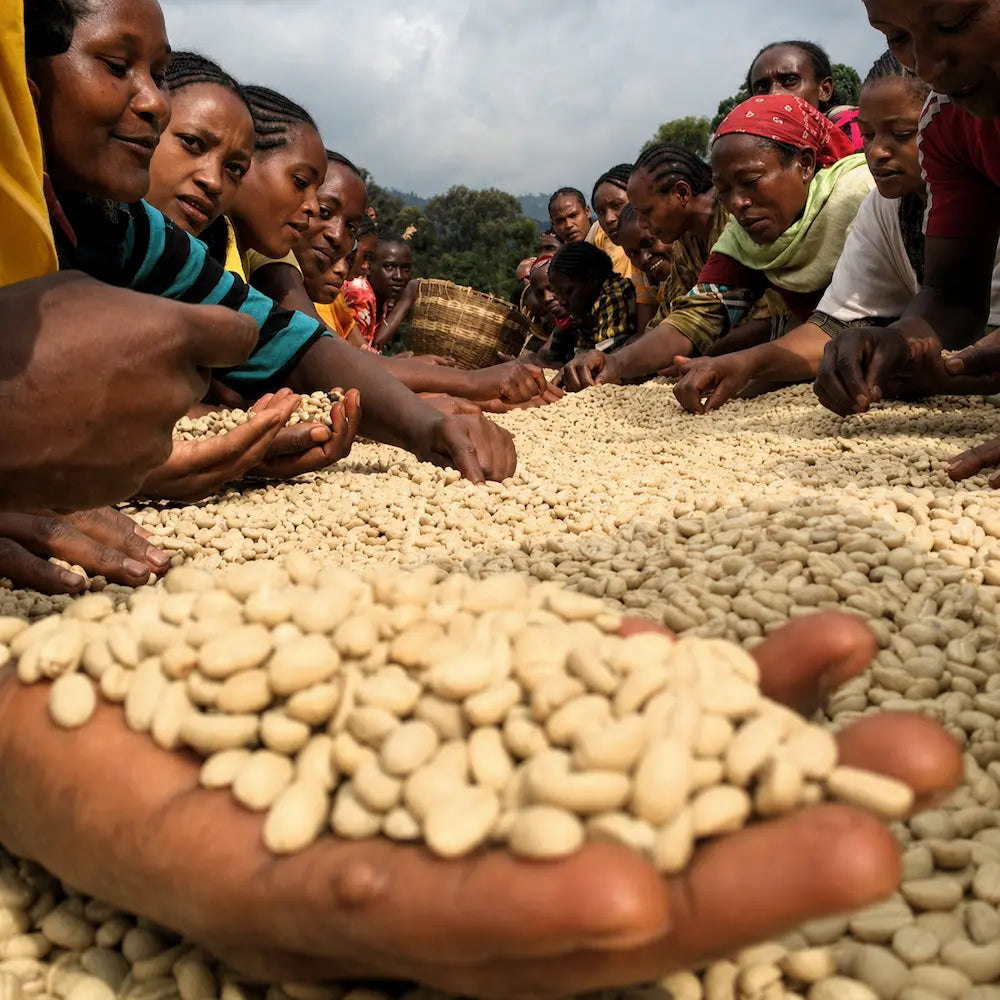 Ręczna selekcja ziaren kawy Ethiopia Konga przez lokalne producentki w Etiopii przed dalszą obróbką.