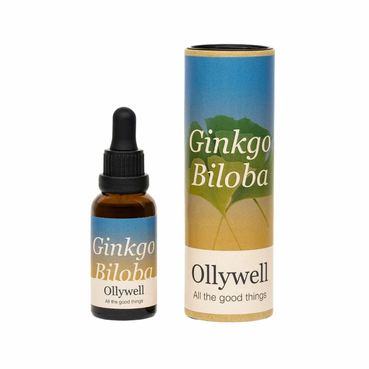 Ginkgo Biloba Ollywell 30 ml — butelka ekstraktu z miłorzębu japońskiego z pipetą i kartonowa tuba na białym tle.