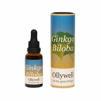 Ginkgo Biloba Ollywell 30 ml — butelka ekstraktu z miłorzębu japońskiego z pipetą i kartonowa tuba na białym tle.