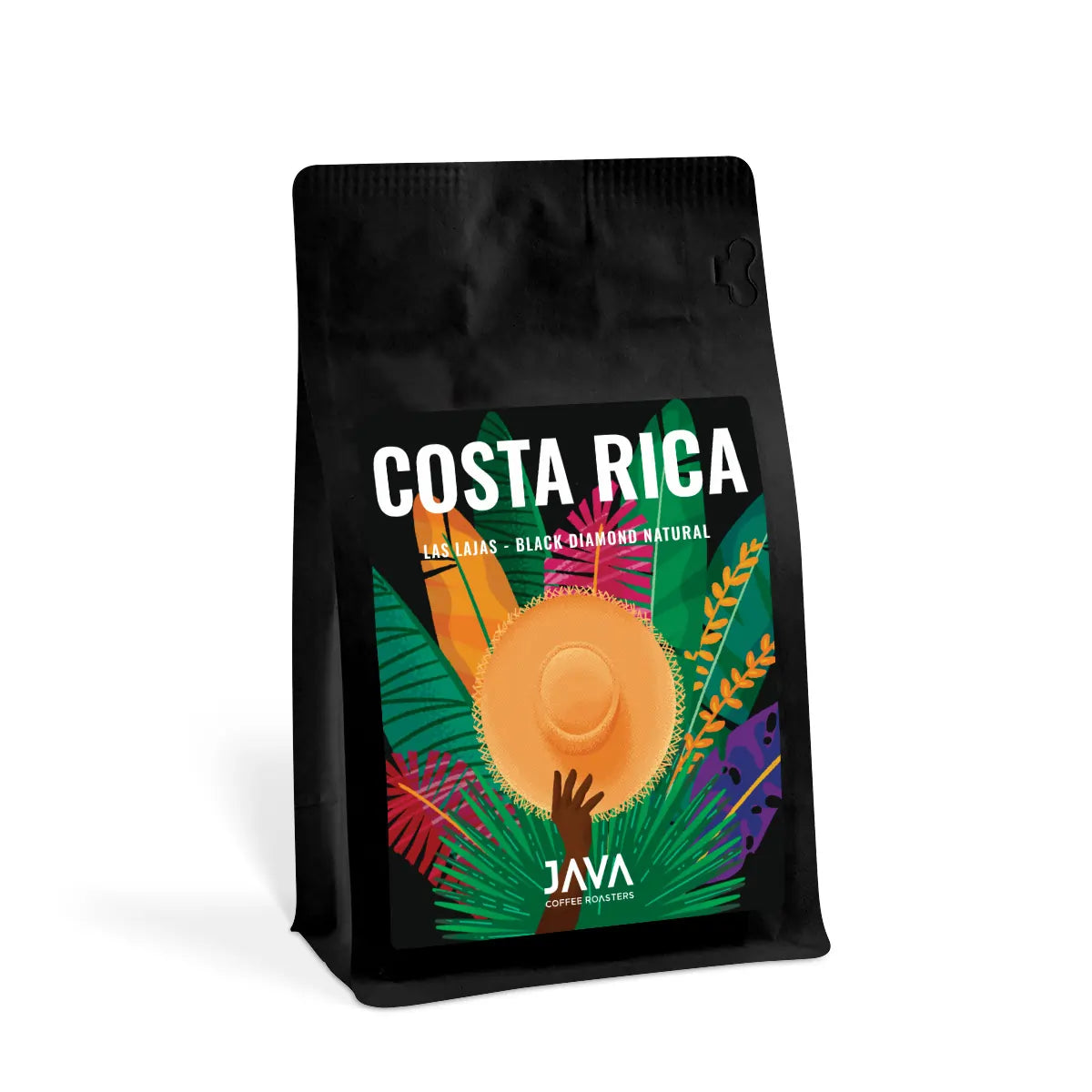 Kawa ziarnista Costa Rica Las Lajas Black Diamond Natural od JAVA Coffee Roasters w czarnym opakowaniu z kolorową etykietą