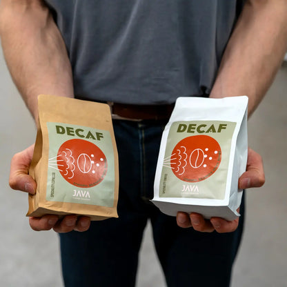 JAVA Coffee decaf Ethiopia porównanie opakowania brązowe i białe kawa bezkofeinowa specialty B2B