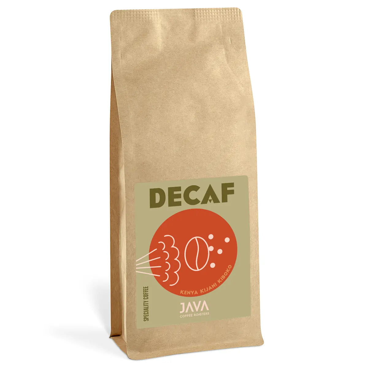 Kawa bezkofeinowa JAVA Coffee Roasters – kraftowe opakowanie 1 kg z etykietą „DECAF Kenya Kijani Kiboko”, segment specialty coffee, idealna do espresso i filtr 