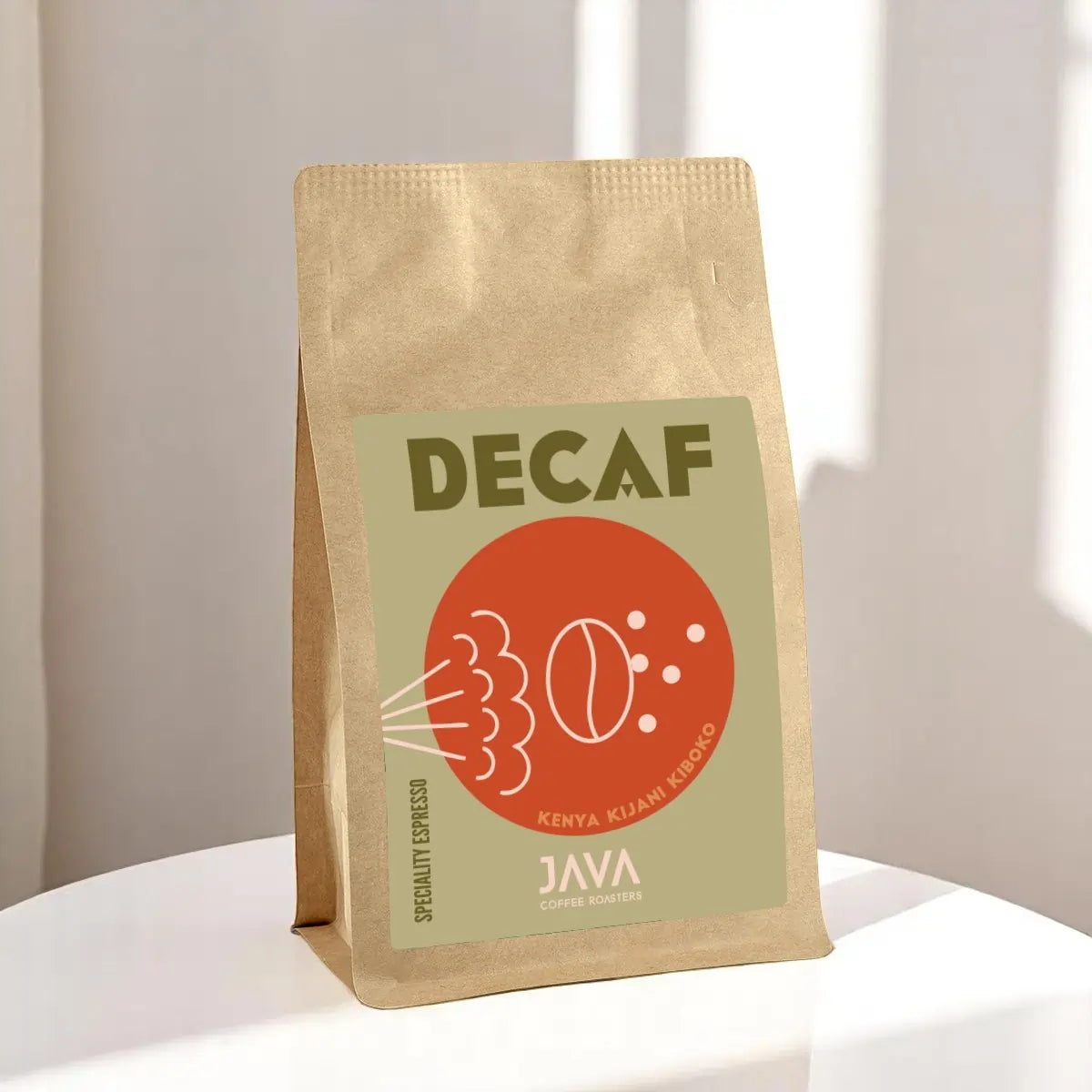 Kawa bezkofeinowa JAVA Coffee Roasters – opakowanie 250 g z etykietą „DECAF Kenya Kijani Kiboko”, kraftowa torebka typu stand-up, idealna do espresso.
