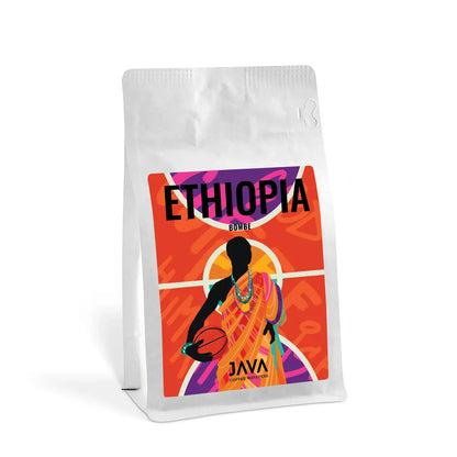 Kawa specialty Java Ethiopia Bombe 250 g – kolorowy projekt opakowania z grafiką inspirowaną Etiopią
